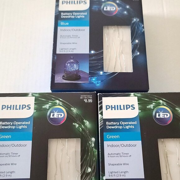 3 Philips Dewdrop LED 30 ct Wire Light 2 Green 1 Blue Battery Operated Timer NEW - Picture 2 of 15